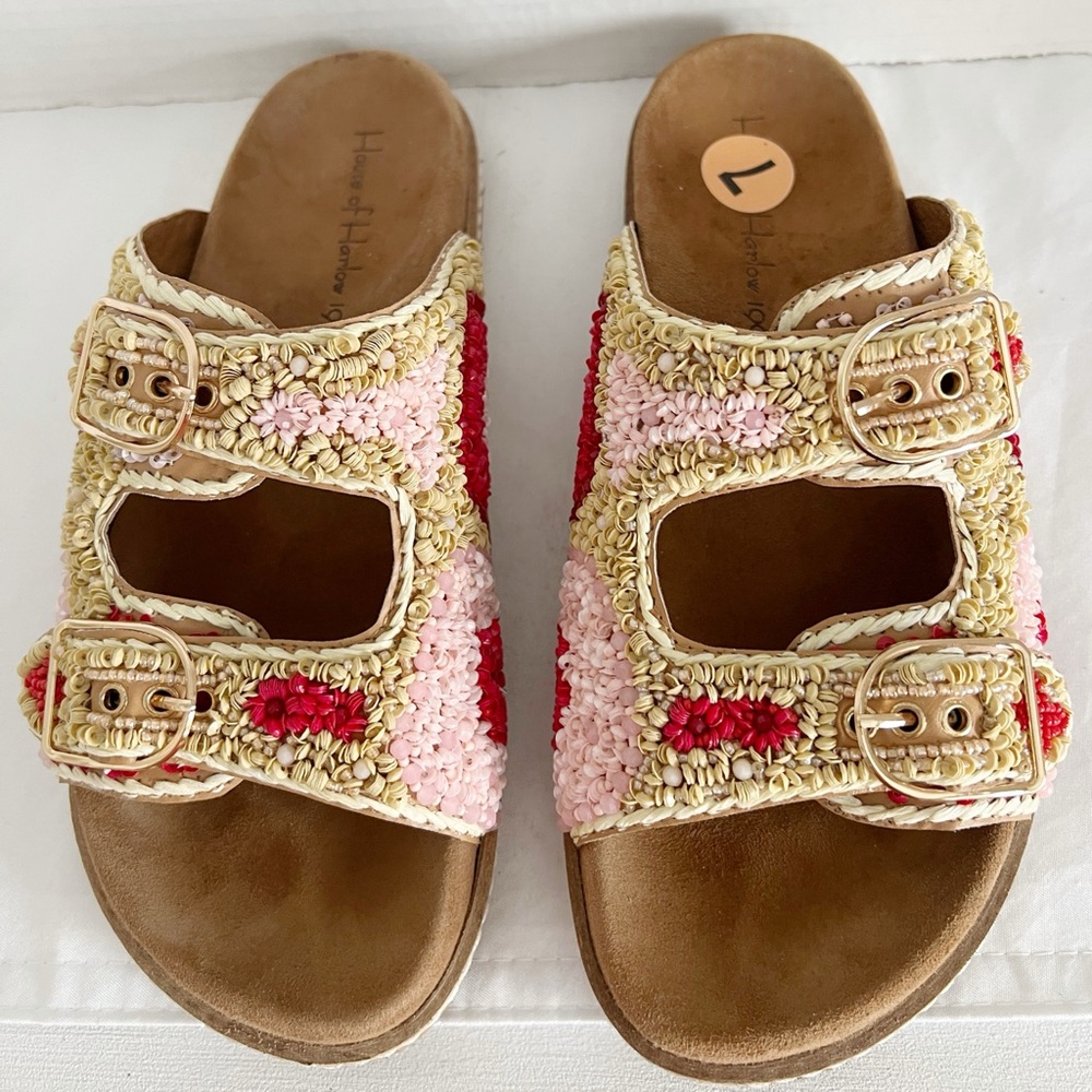 House of Harlow 1960 Beaded Buckle Slide Sandals Womens 7